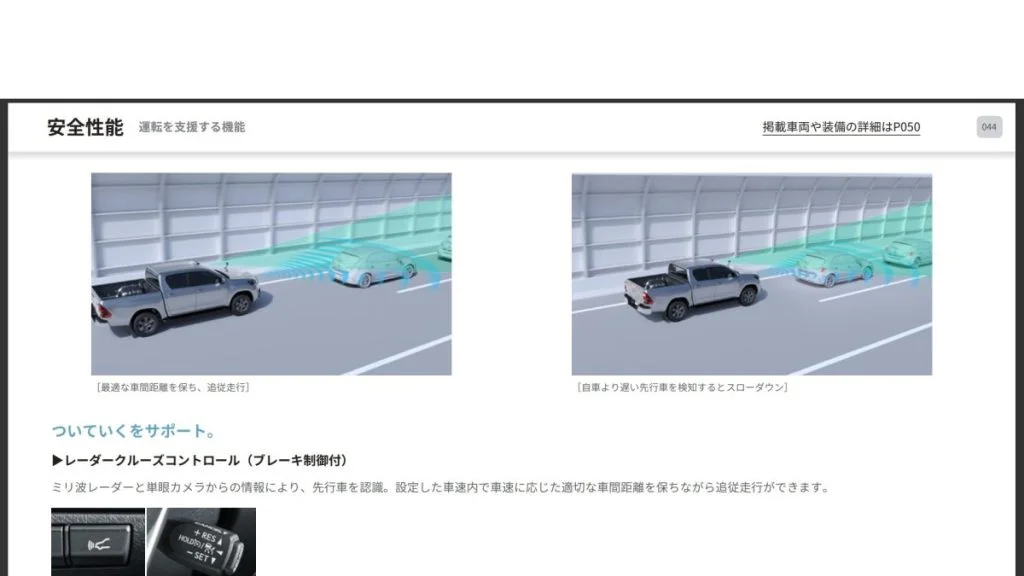 TOYOTA HILUX 安全装備説明ページ、レーダークルーズコントロールの作動イメージ図