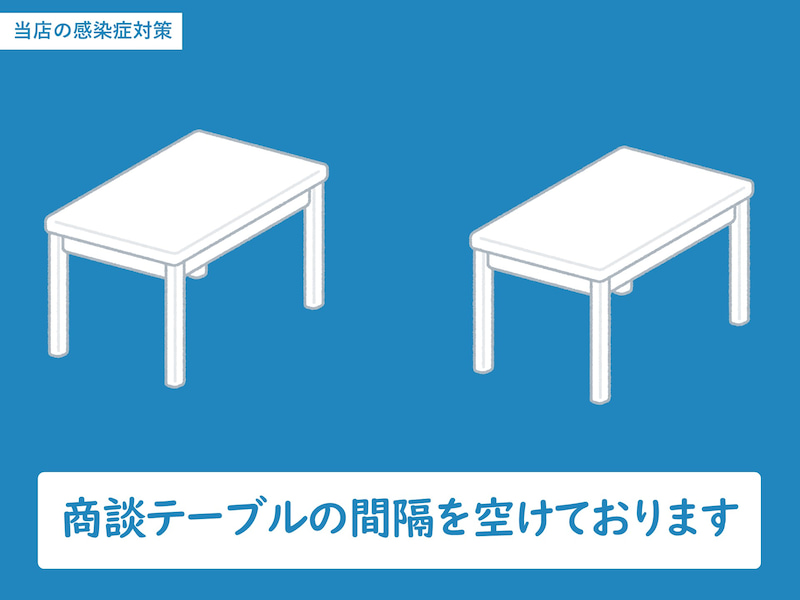 商談テーブルの間隔を空けていることを案内するコロナ対策の案内画像