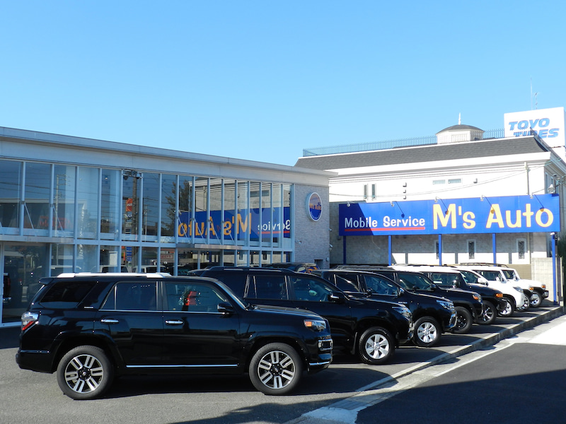 M'sオートの店舗前に並んだ複数台の黒い展示車両を撮影した外観写真