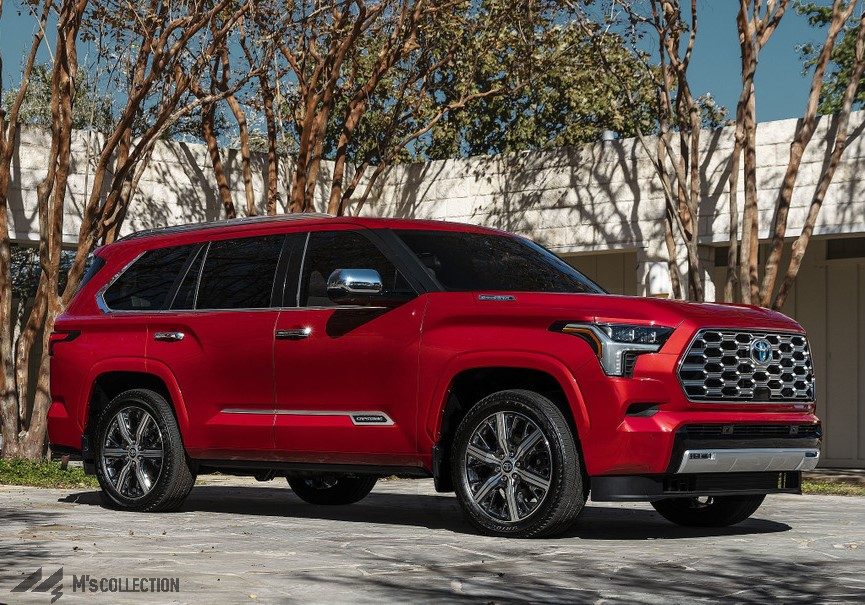 新型TOYOTA SEQUOIA 2023モデル レッド 真横からの側面ビュー