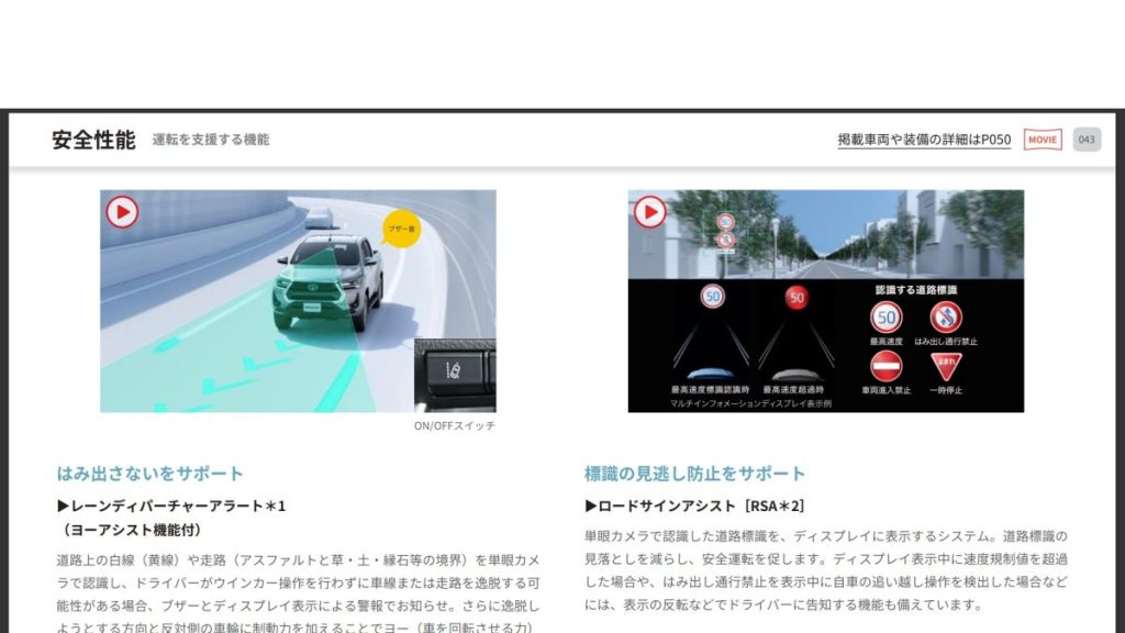 TOYOTA HILUX 安全装備説明ページ、レーンディパーチャーアラートとロードサインアシストの説明図