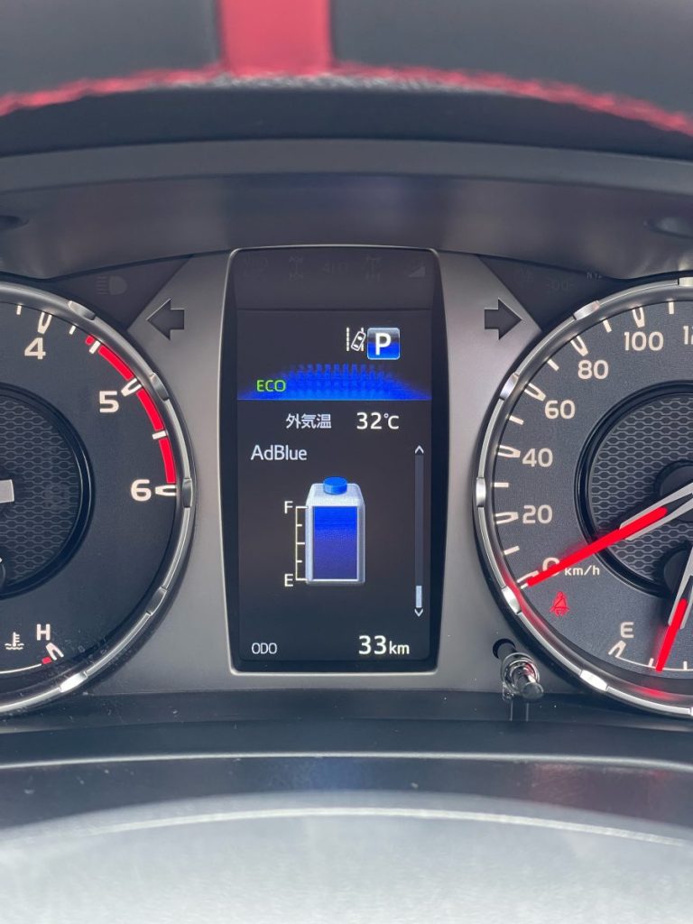 TOYOTA HILUX GUN125 メーターディスプレイ、AdBlue残量ゲージと走行距離33kmの表示
